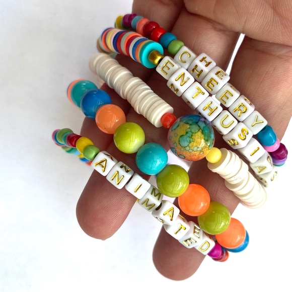 Heishi bead rubber rainbow set stack bracelet love cherry happy happiness gift - Picture 6 of 7